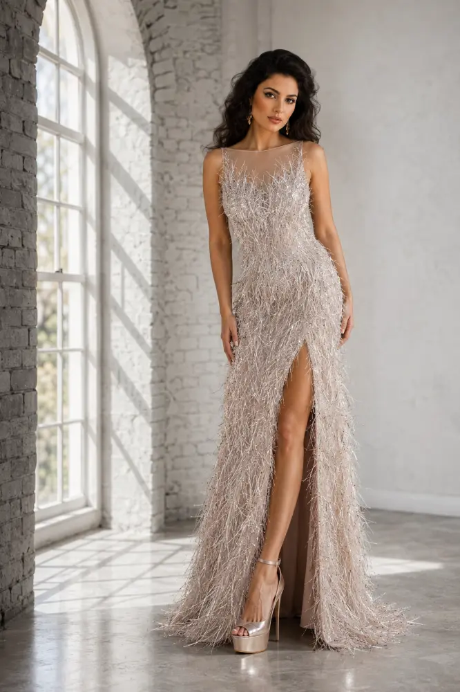 Arabella Soleil: silver mist evening gown, primary view — Josephine Boutique