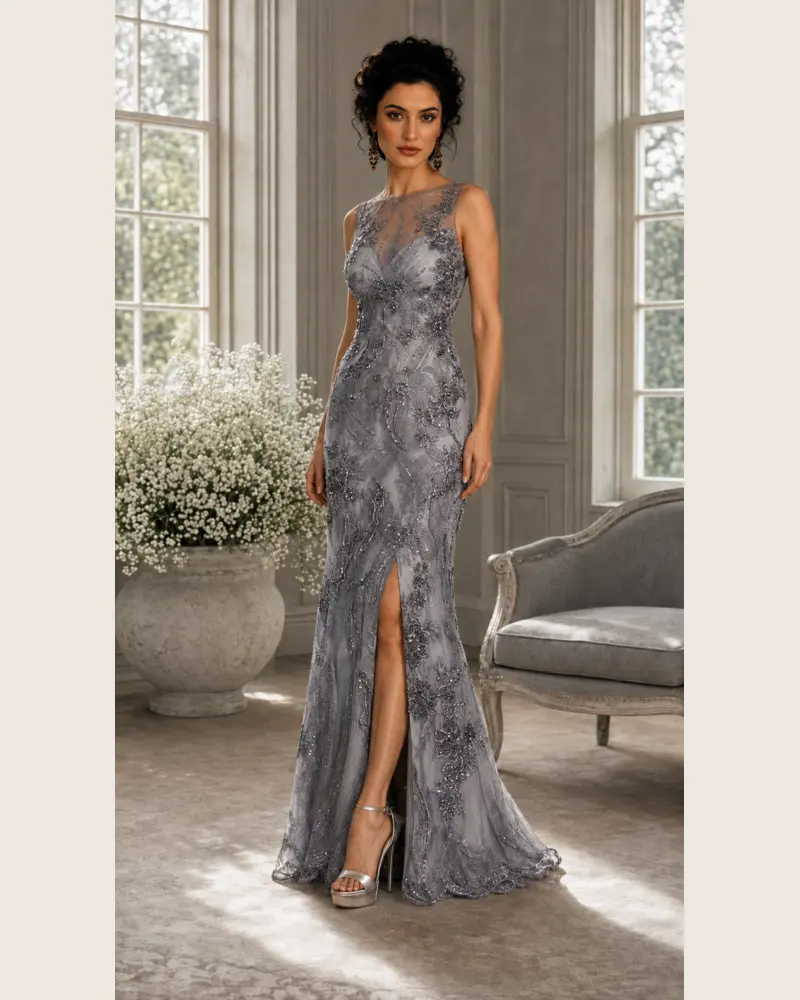 Argent Botanique: Silver-grey floral mesh, fitted column gown, illusion sweetheart neckline, primary view — Josephine Boutique