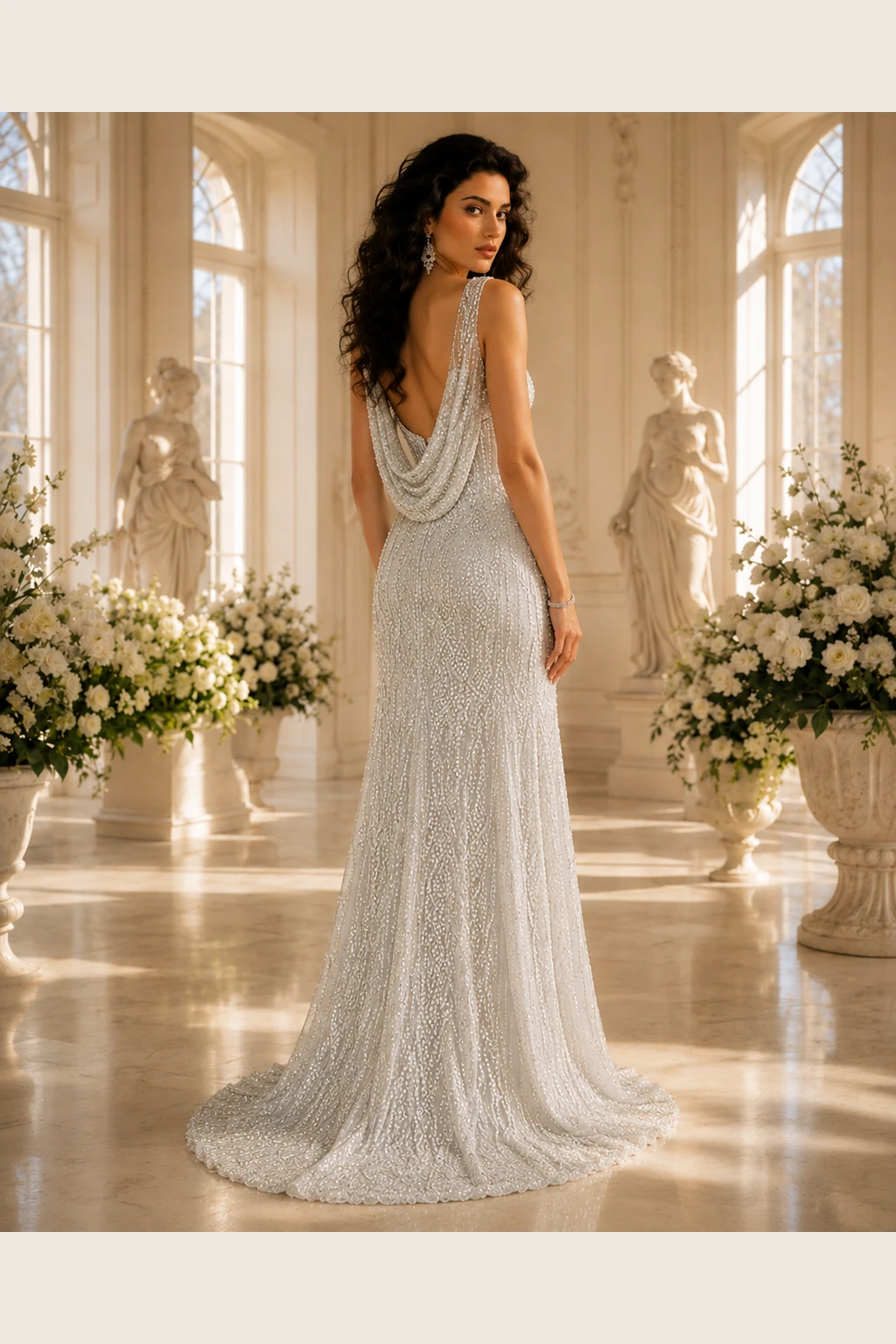 Argent Cascade: Silver crystal mesh, open-back column gown, draped cowl-back neckline, primary view — Josephine Boutique