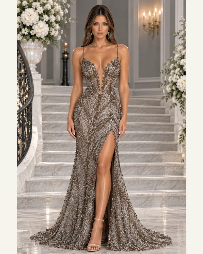 Argent Éternel: Antique-silver beadwork, fitted mermaid gown, open-back neckline, primary view — Josephine Boutique
