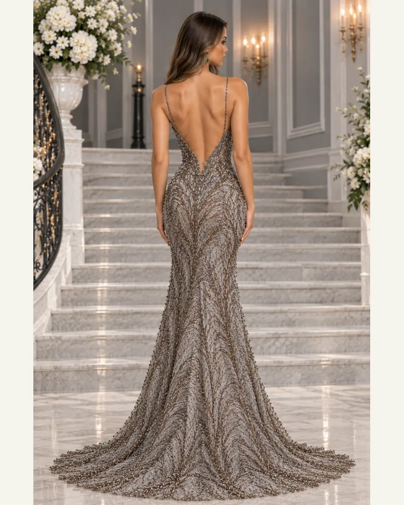 Argent Éternel: Antique-silver beadwork, fitted mermaid gown, open-back neckline, additional view — Josephine Boutique