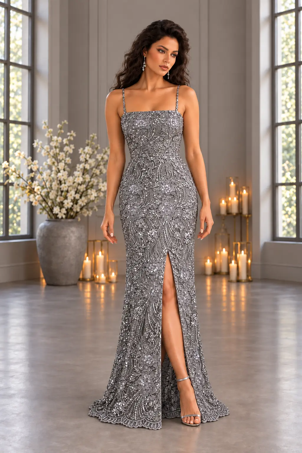 Argent Floréal: Silver-grey floral lace, fitted column gown, straight-across neckline, primary view — Josephine Boutique