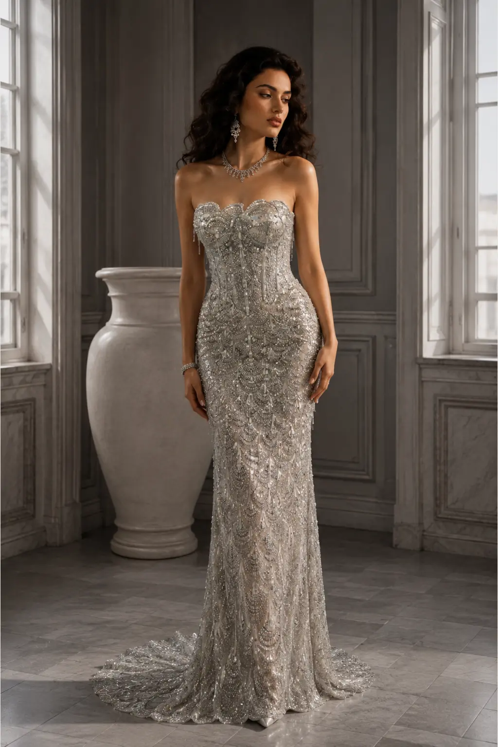 Argent Héritage: Silver crystal beadwork, sculpted column gown, scalloped sweetheart neckline, primary view — Josephine Boutique