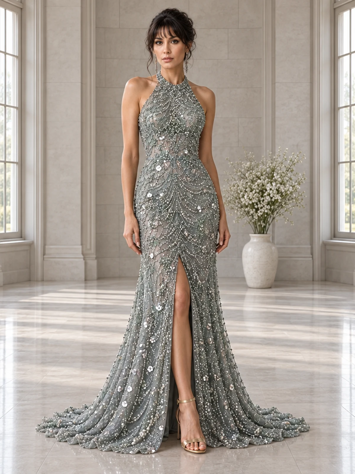 Argent Horizon: Silver crystal mesh, sculpted column gown, halter neckline, primary view — Josephine Boutique
