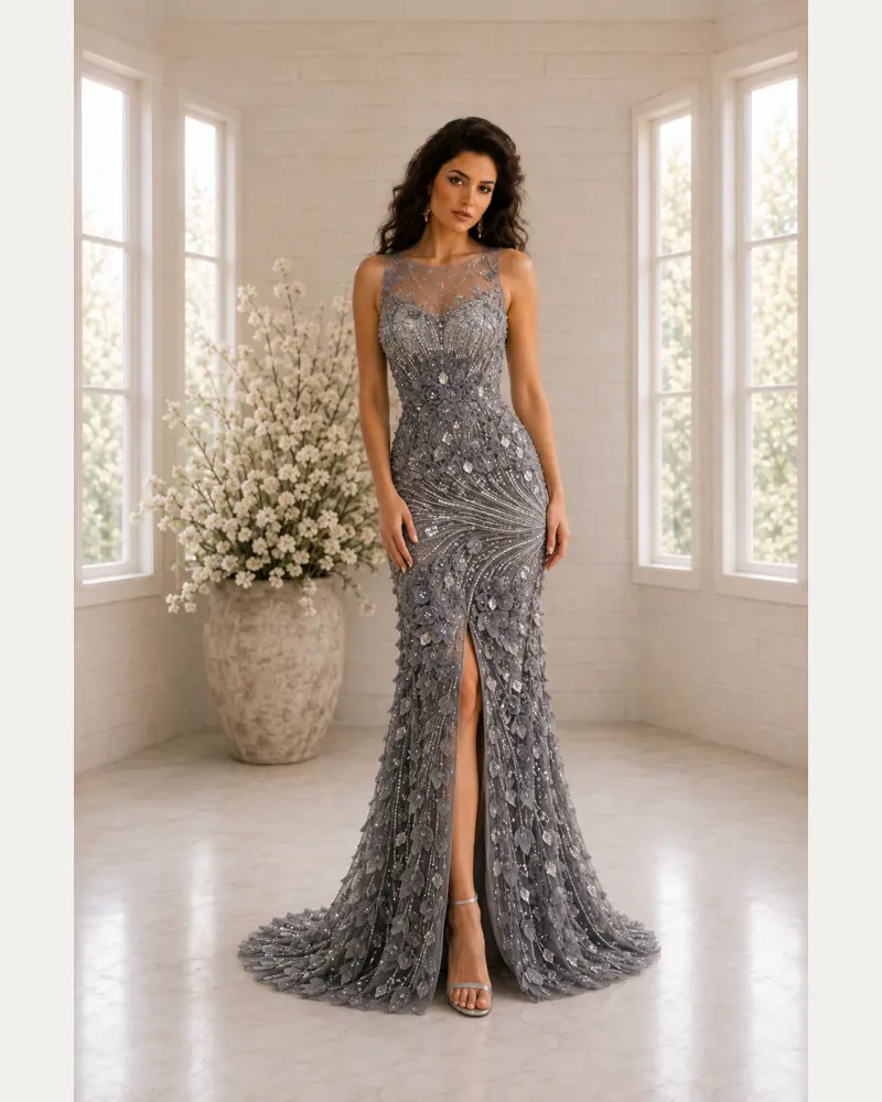 Argent Rosée: Silver-grey beaded lace, fluid mermaid gown, scoop neckline, primary view — Josephine Boutique