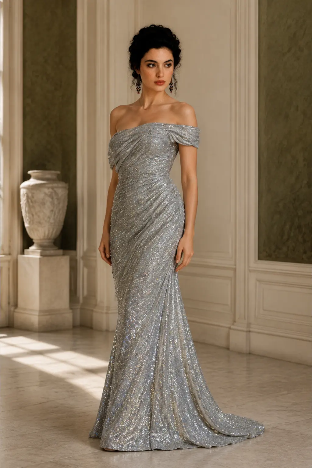 Argent Souverain: Silver crystal mesh, sculpted mermaid gown, asymmetric off-shoulder neckline, primary view — Josephine Boutique