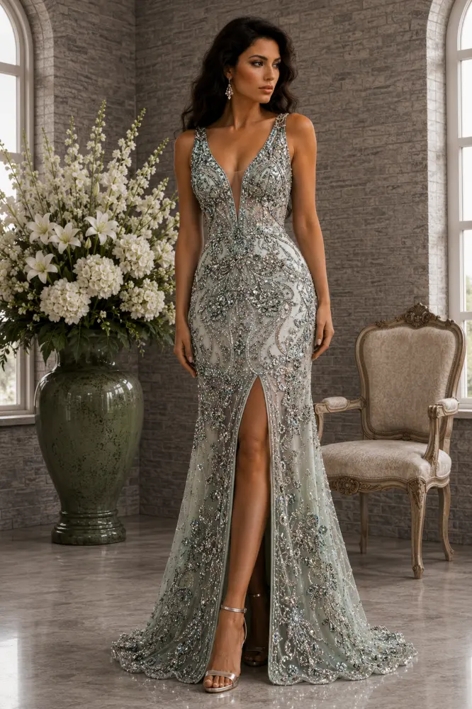 Aurelia Lumière: multicolor jewel evening gown, primary view — Josephine Boutique