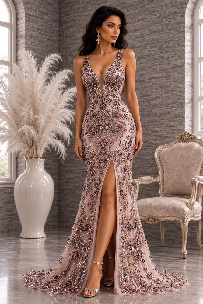 Aurelia Moonlight: multicolor jewel evening gown, primary view — Josephine Boutique