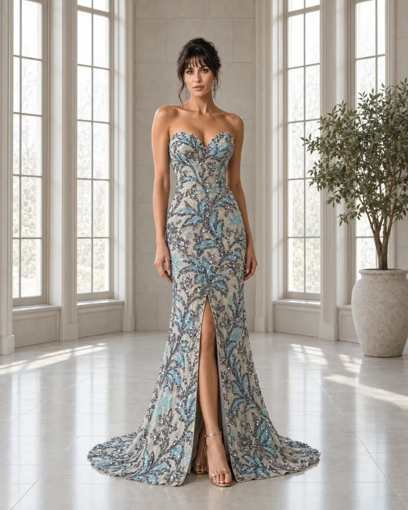 Azur Baroque: Blue-gold embroidery, fitted mermaid gown, halter neckline, primary view — Josephine Boutique