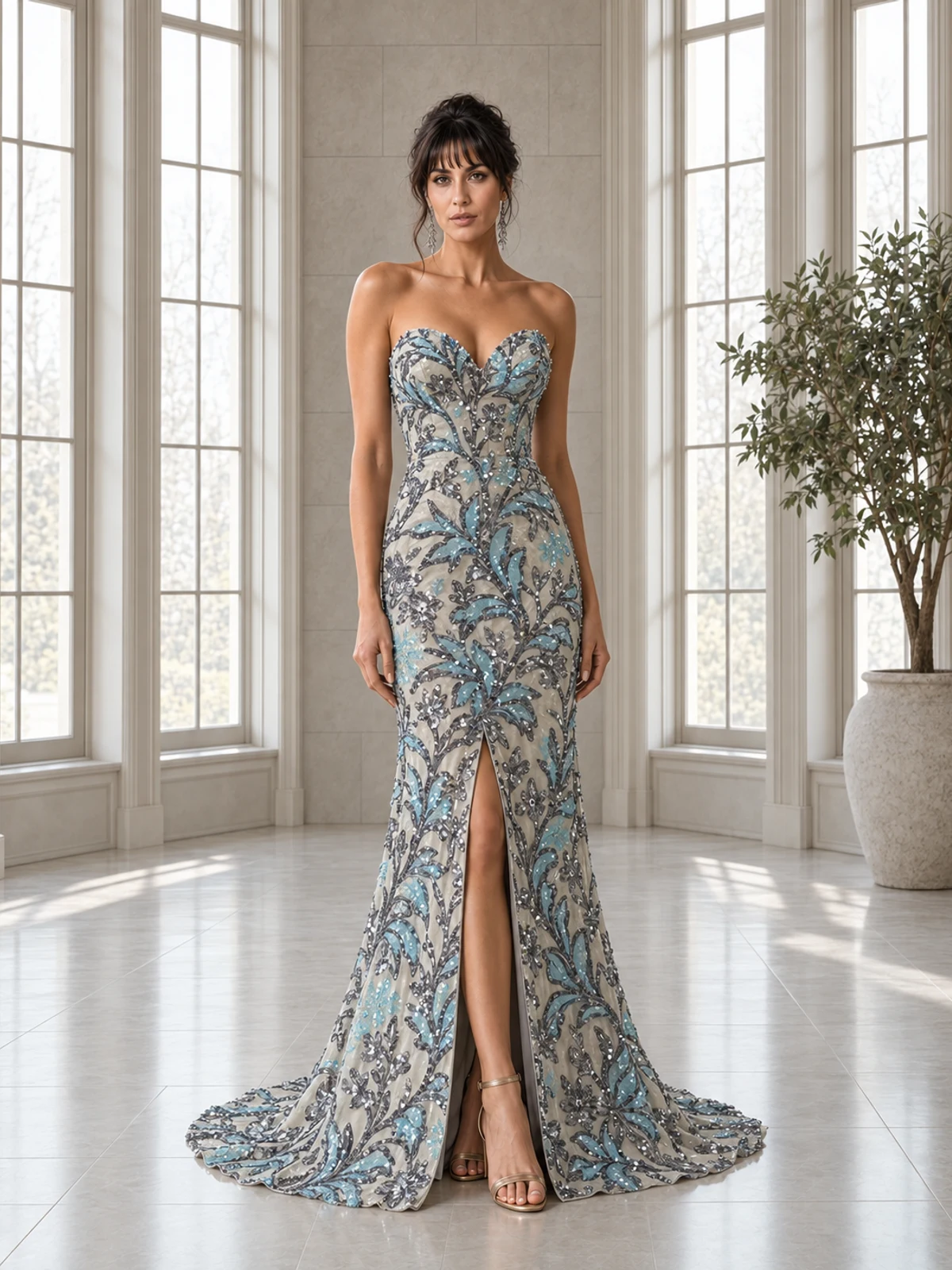 Azur Filigrane: Blue-silver embroidery, fitted mermaid gown, strapless sweetheart neckline, primary view — Josephine Boutique