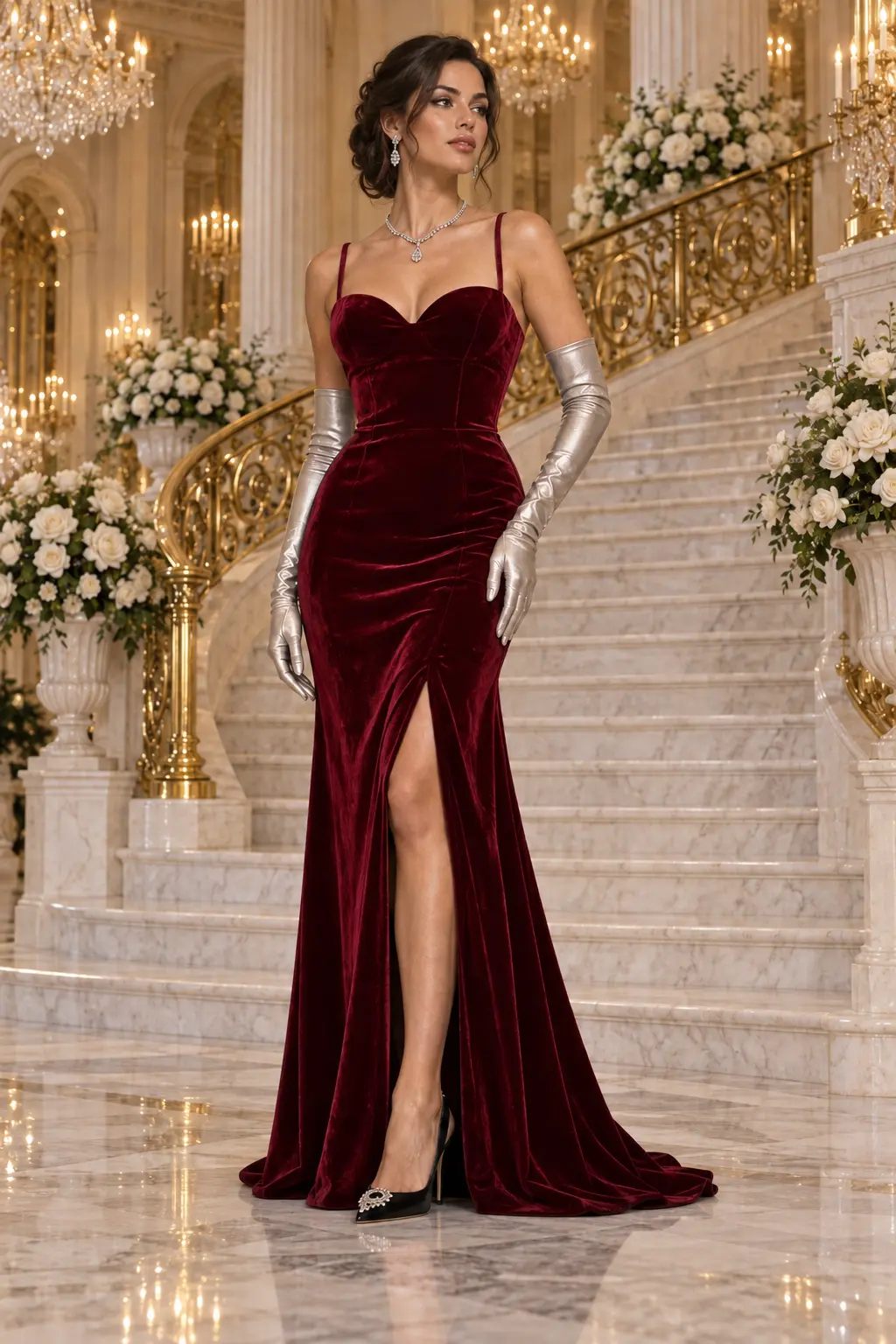Bordeaux de Minuit: Burgundy velvet, fitted column gown, sweetheart neckline, primary view — Josephine Boutique