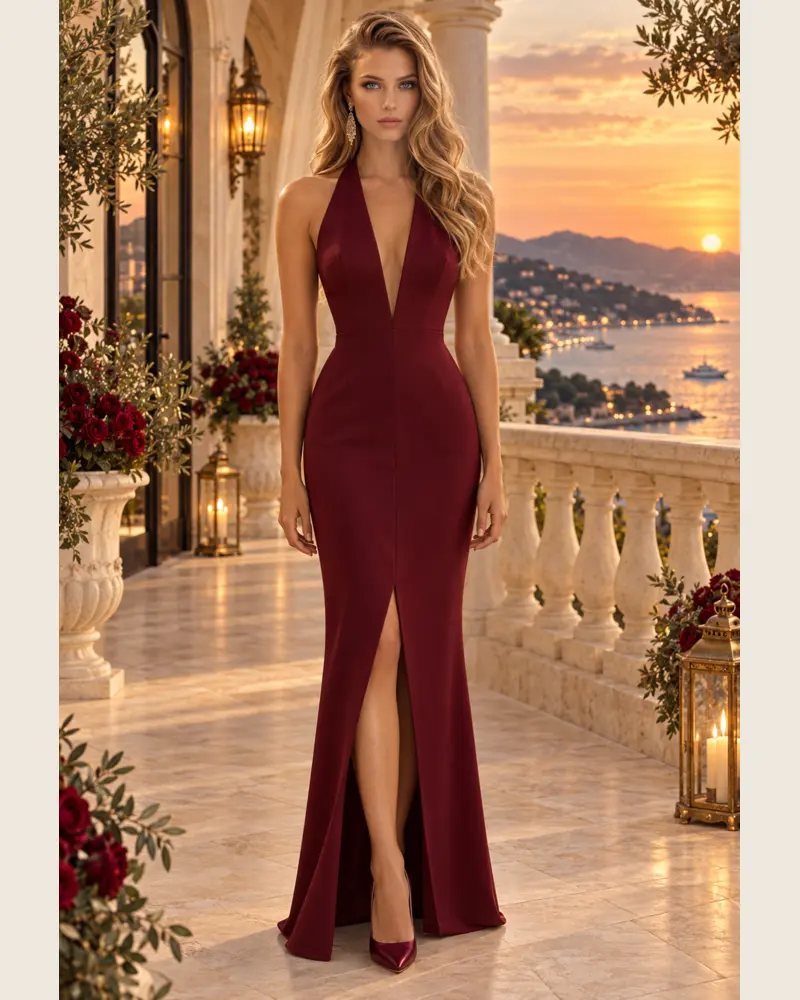 Bordeaux Riviera: Burgundy crepe, fitted column gown, halter V-neckline, primary view — Josephine Boutique