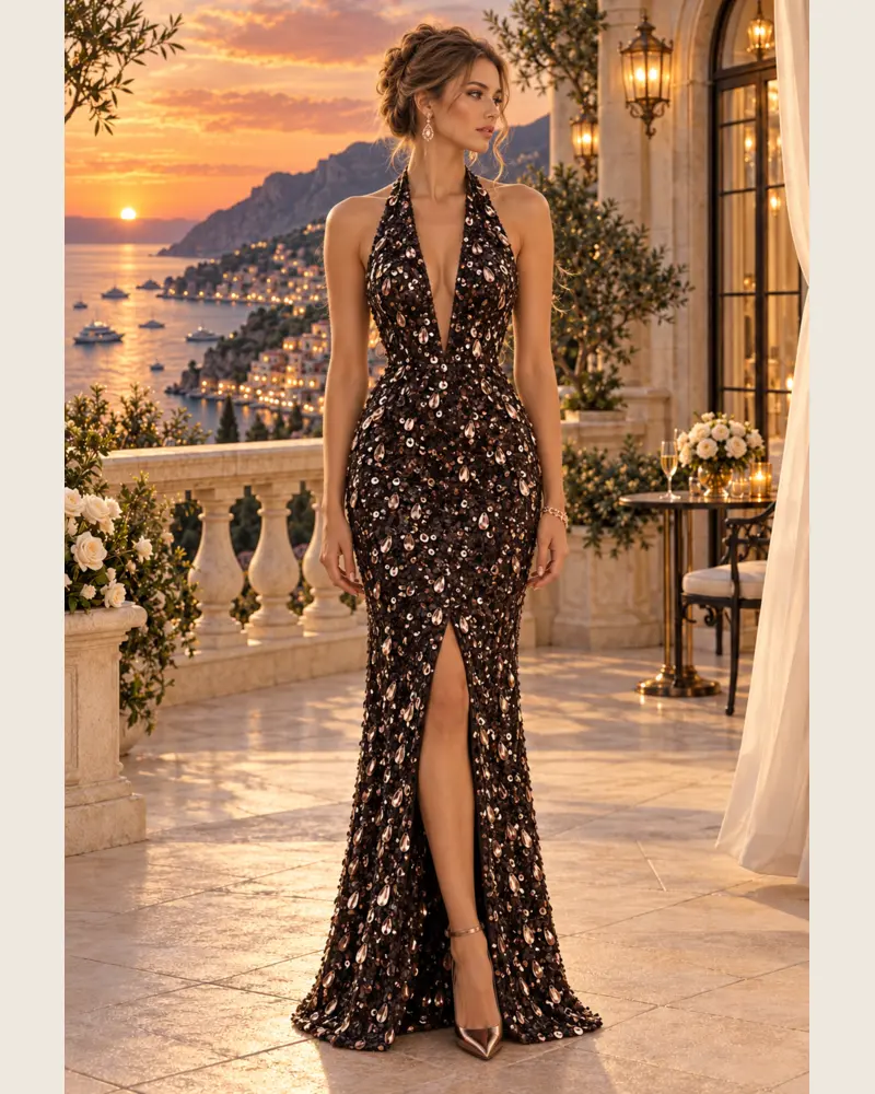 Bronze Amalfi: Black rose-bronze sequins, fitted column gown, halter V-neckline, primary view — Josephine Boutique