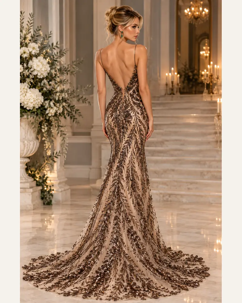 Bronze Floréal: Bronze floral beadwork, sculpted mermaid gown, plunging neckline, additional view — Josephine Boutique