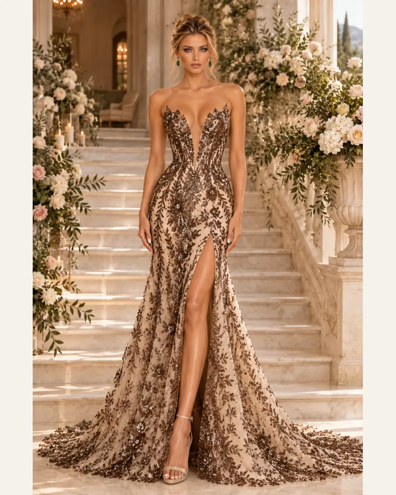 Bronze Floréal: Bronze floral beadwork, sculpted mermaid gown, plunging neckline, primary view — Josephine Boutique
