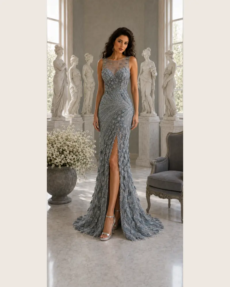 Brume Sculpturale: Blue-grey textured appliqué, sculpted column gown, illusion sweetheart neckline, primary view — Josephine Boutique