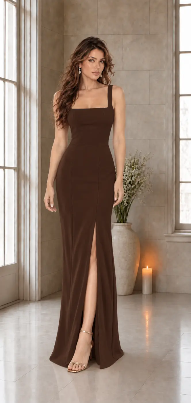 Cacao de Salon: Chocolate crepe, square neckline, front slit, primary view — Josephine Boutique