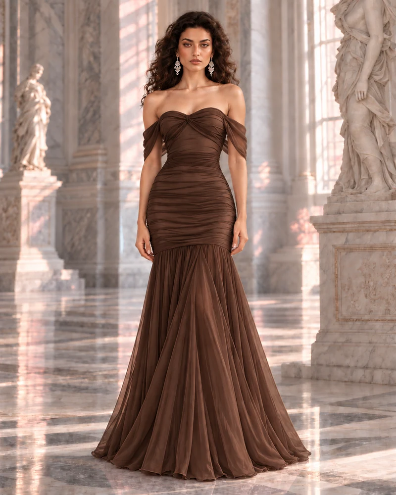 Cacao Drapé: Coffee-brown chiffon, off-shoulder sweetheart, open back, primary view — Josephine Boutique