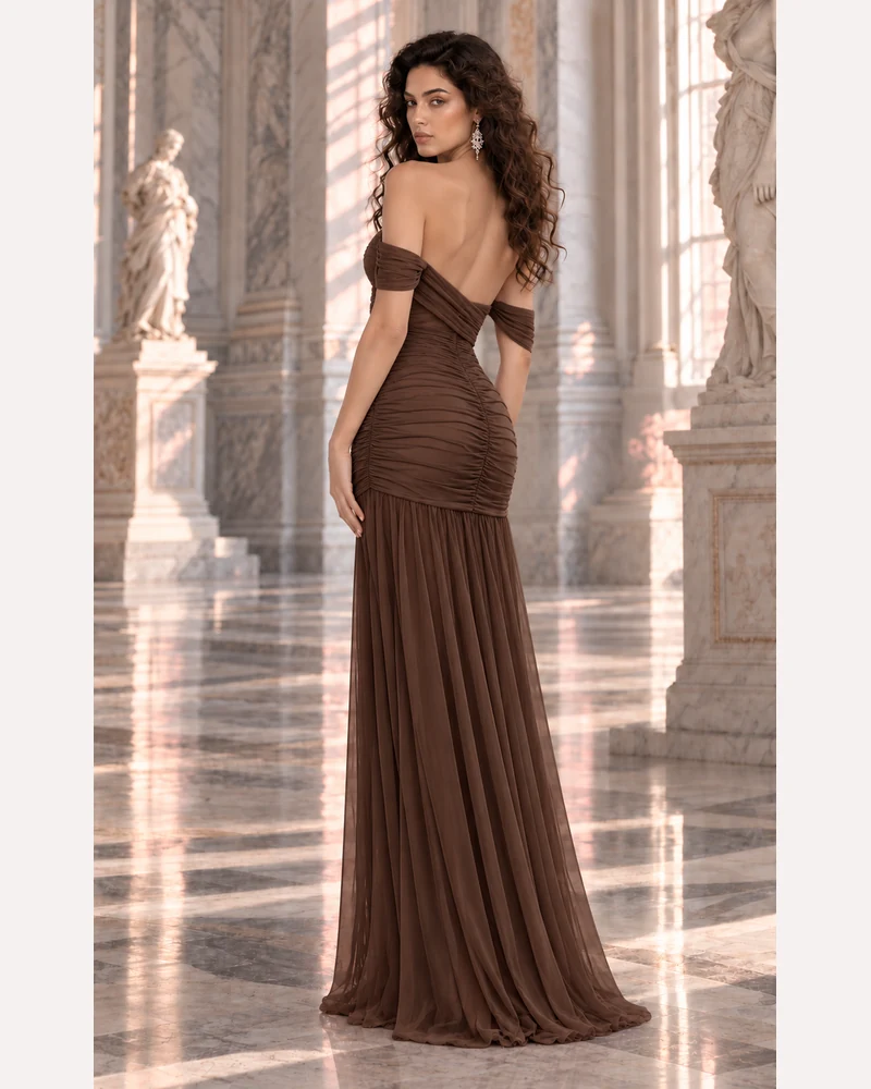 Cacao Drapé: Coffee-brown chiffon, off-shoulder sweetheart, open back, additional view — Josephine Boutique
