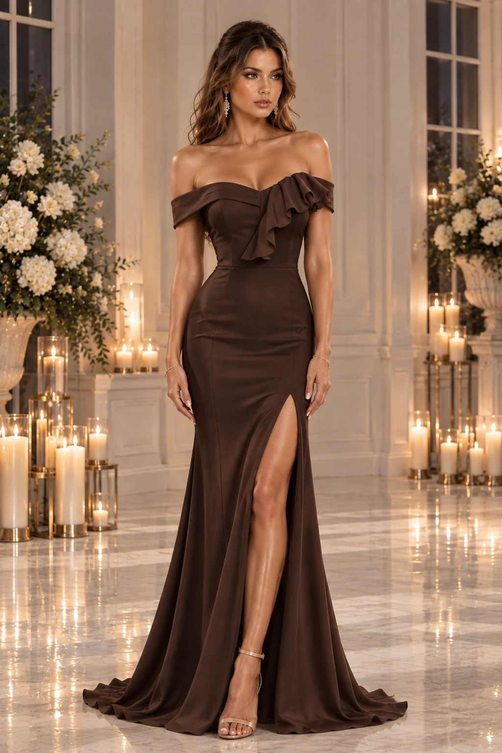 Cacao Volant: Chocolate satin, fitted mermaid gown, off-shoulder ruffle neckline, primary view — Josephine Boutique