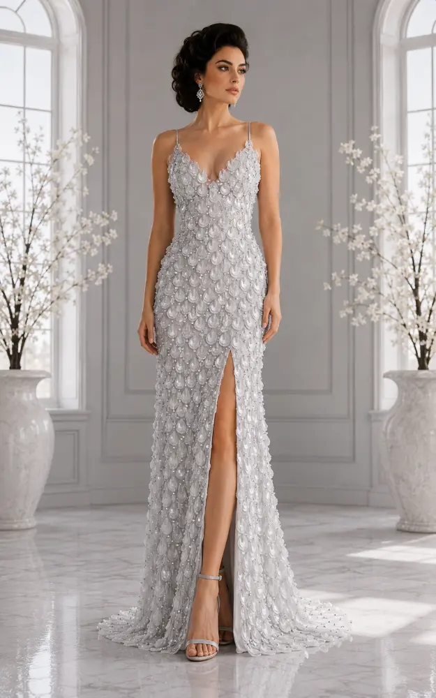 Camellia Reverie: silver mist evening gown, primary view — Josephine Boutique
