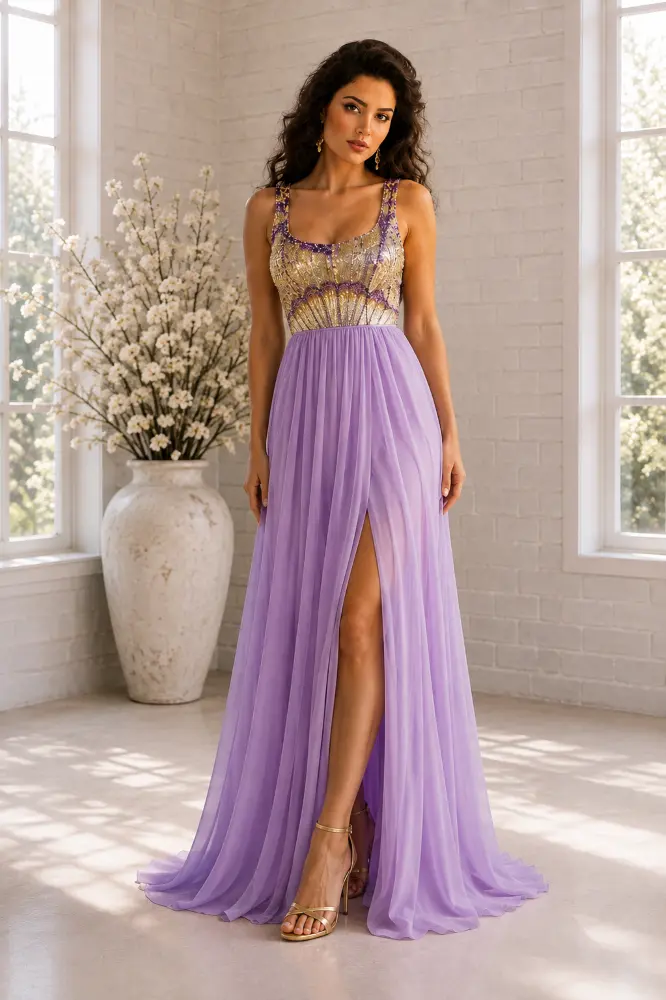 Celeste Sonata: lavender evening gown, primary view — Josephine Boutique