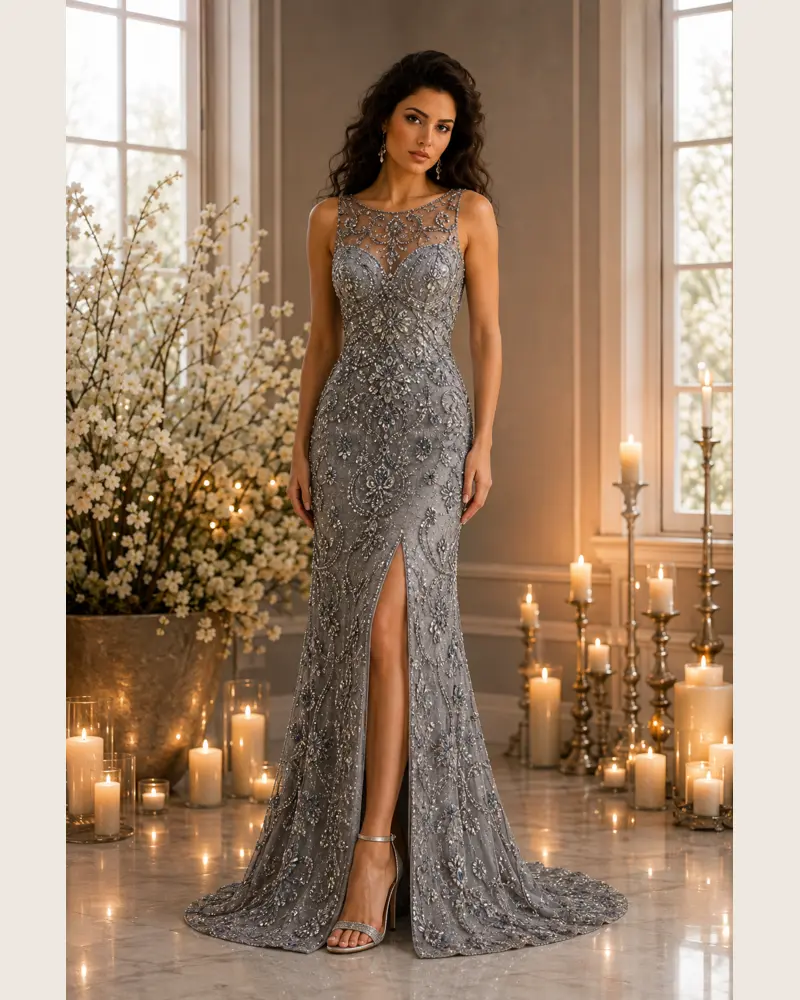 Cendre aux Chandelles: Charcoal-silver embroidery, fitted evening gown, illusion sweetheart neckline, primary view — Josephine Boutique