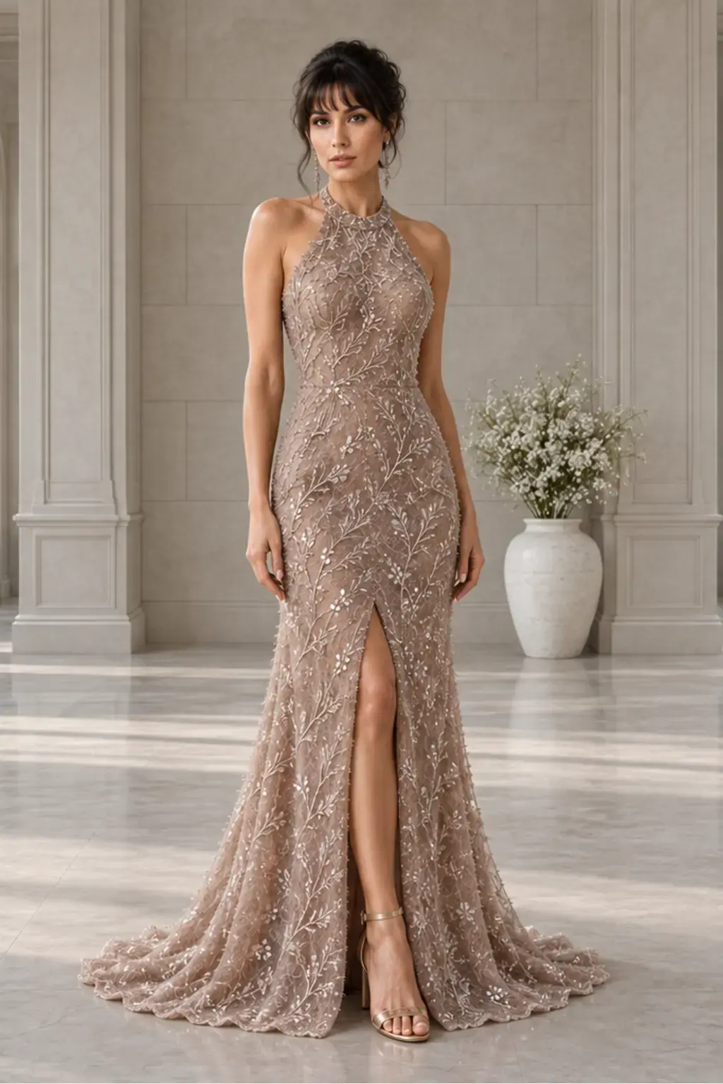 Champagne Botanique: Champagne botanical beadwork, sculpted mermaid gown, halter neckline, primary view — Josephine Boutique