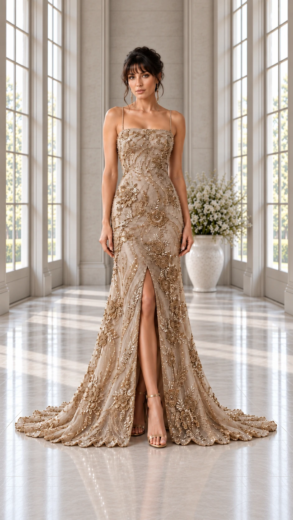 Champagne Botanique II: Antique-gold floral embroidery, fitted mermaid gown, straight neckline, primary view — Josephine Boutique