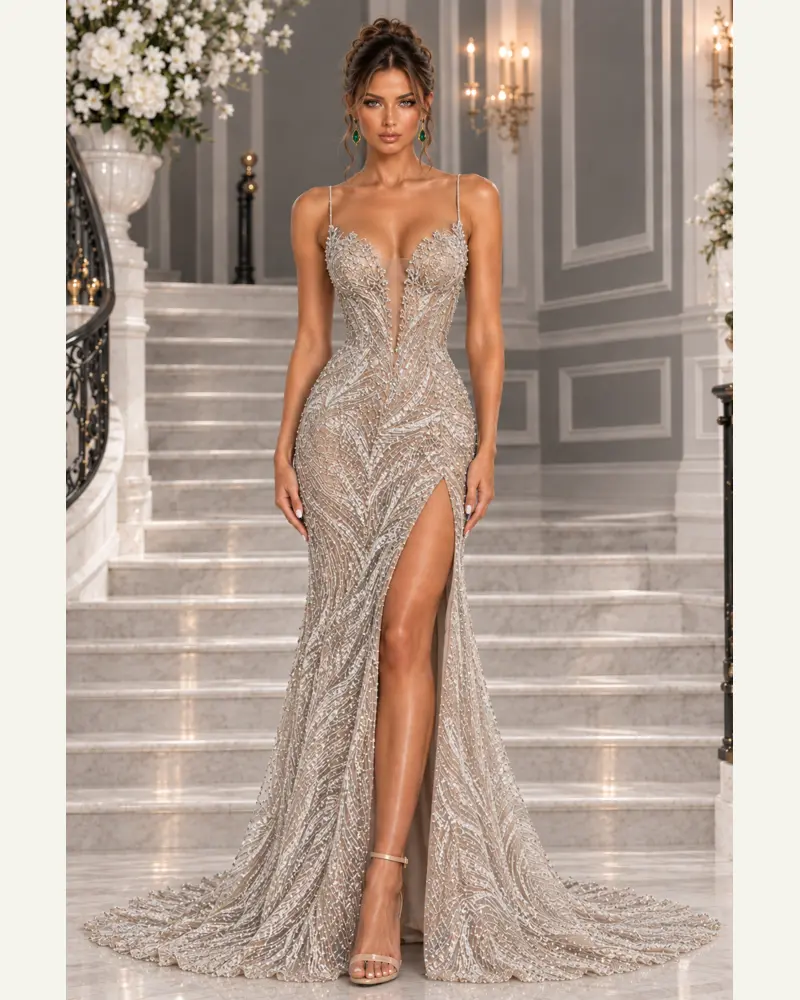 Champagne Céleste: Champagne crystal mesh, fitted mermaid gown, open-back neckline, primary view — Josephine Boutique