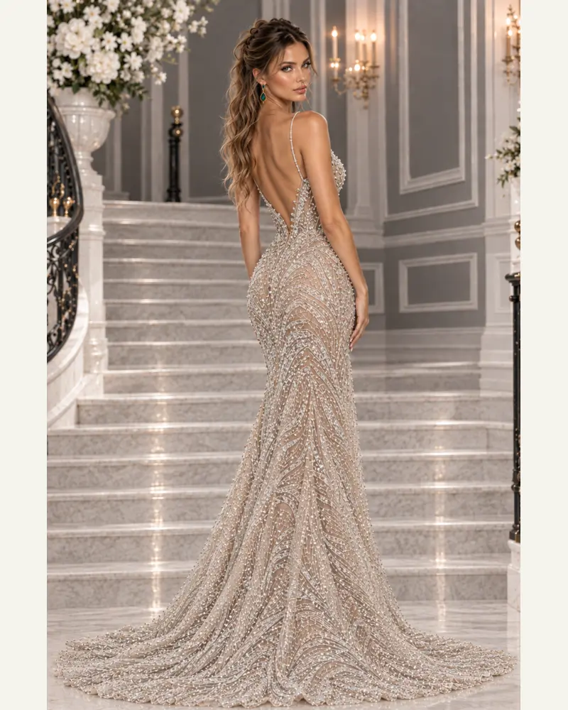 Champagne Céleste: Champagne crystal mesh, fitted mermaid gown, open-back neckline, additional view — Josephine Boutique
