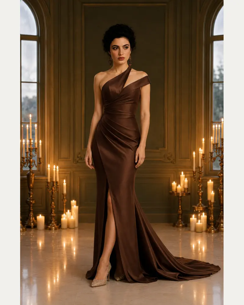 Chocolat de Minuit: Chocolate-brown satin, draped column gown, asymmetric one-shoulder neckline, primary view — Josephine Boutique