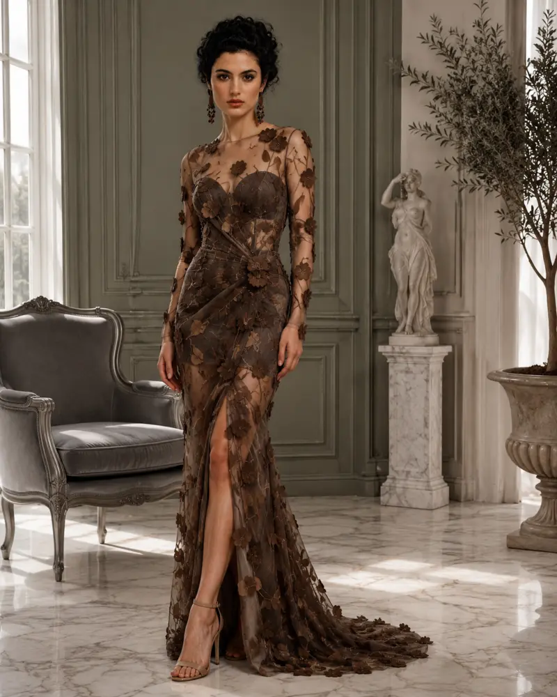 Chocolat Floréal: Chocolate floral appliqué mesh, sculpted column gown, illusion bateau neckline, primary view — Josephine Boutique