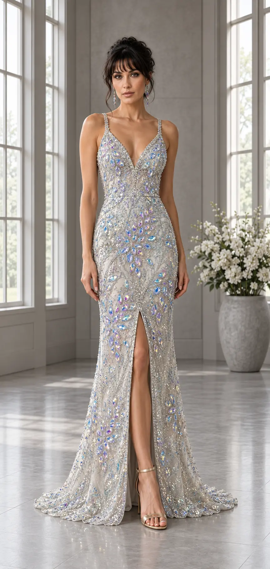 Cristal d’Ivoire: Ivory-silver crystal mesh, fitted column gown, V-neckline, primary view — Josephine Boutique