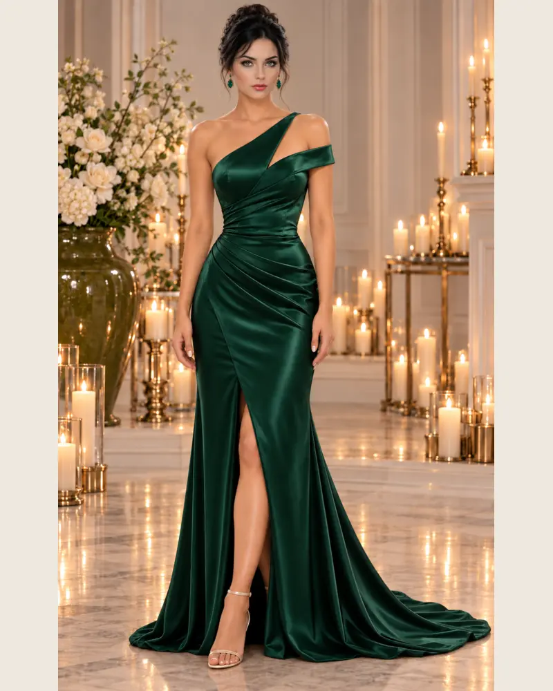 Émeraude Drapée: Emerald satin, draped column gown, asymmetric one-shoulder neckline, primary view — Josephine Boutique