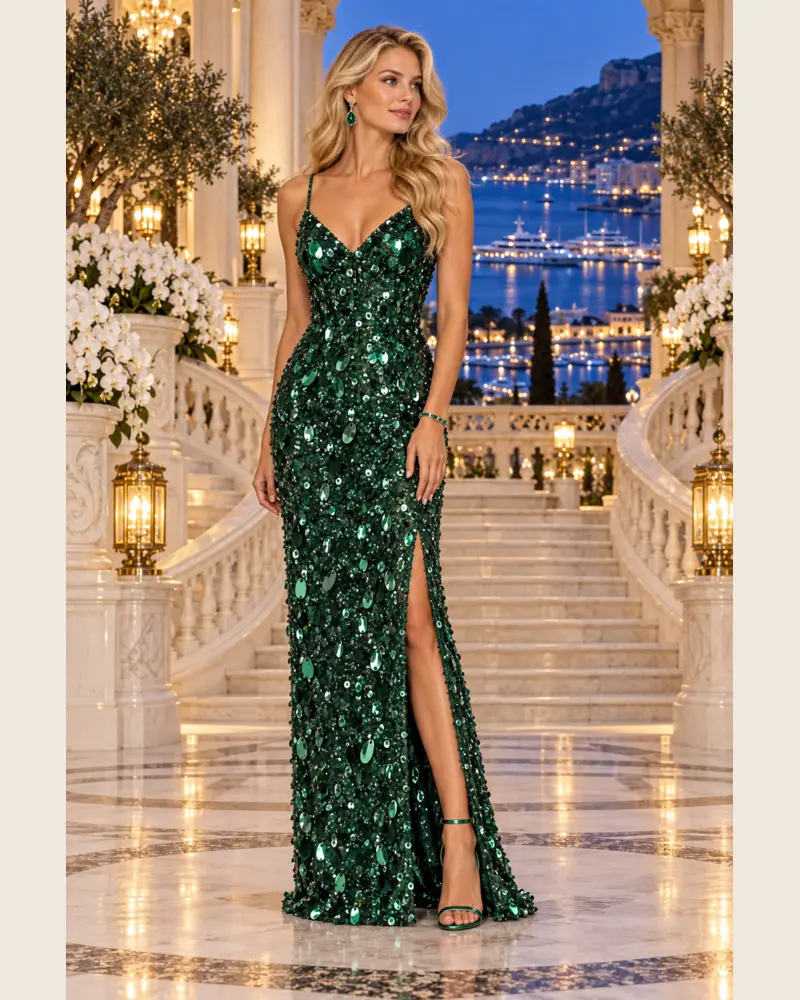 Émeraude Monaco: Emerald teardrop sequins, fitted column gown, V-neckline, primary view — Josephine Boutique