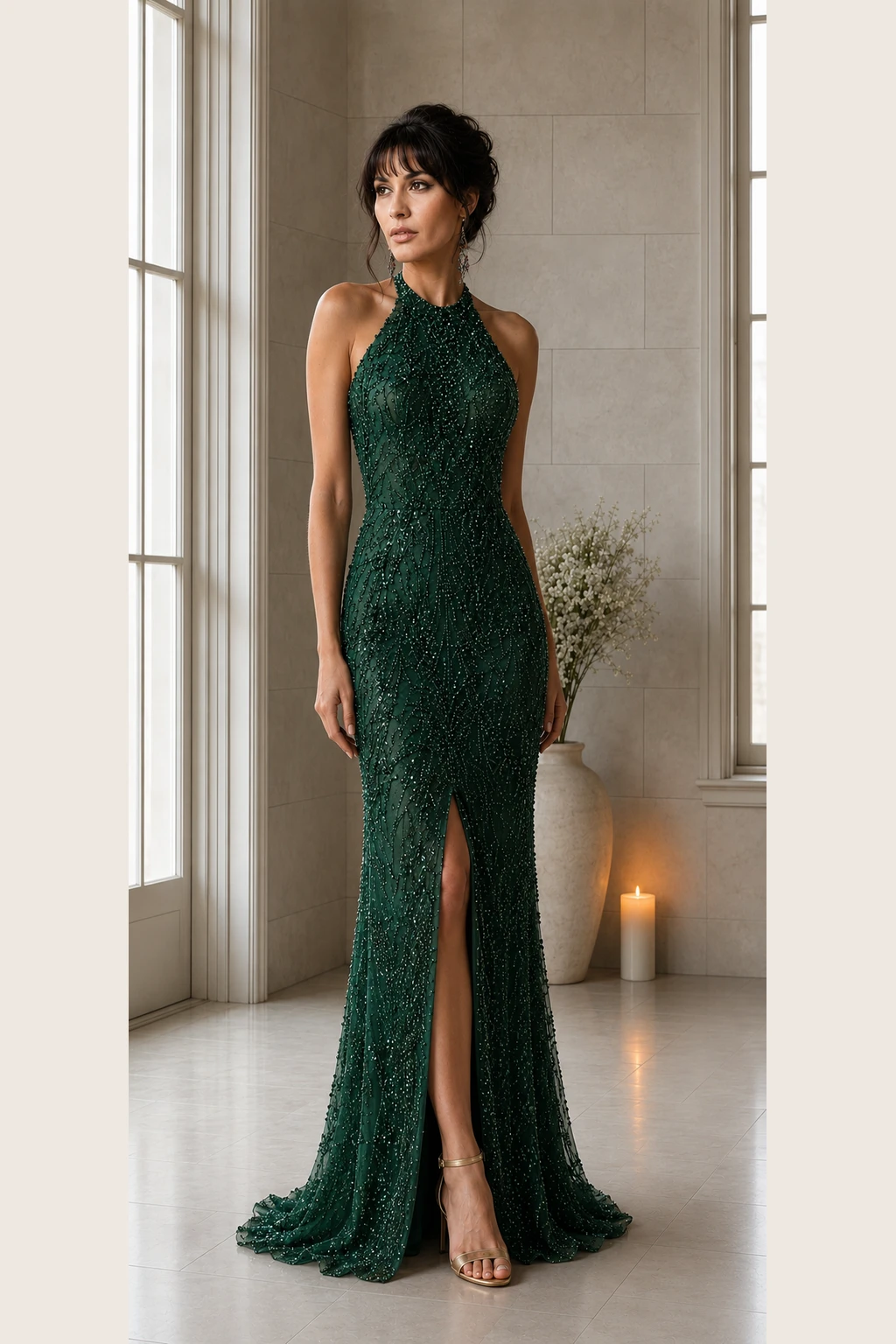 Émeraude Nocturne: Emerald beaded mesh, fitted column gown, halter neckline, primary view — Josephine Boutique