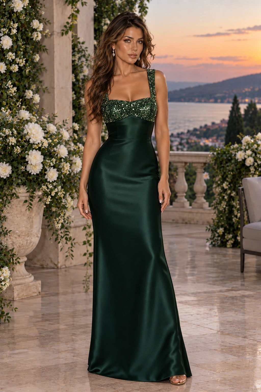 Émeraude Satinée: Forest-green satin, emerald sequin square neckline, column gown, primary view — Josephine Boutique