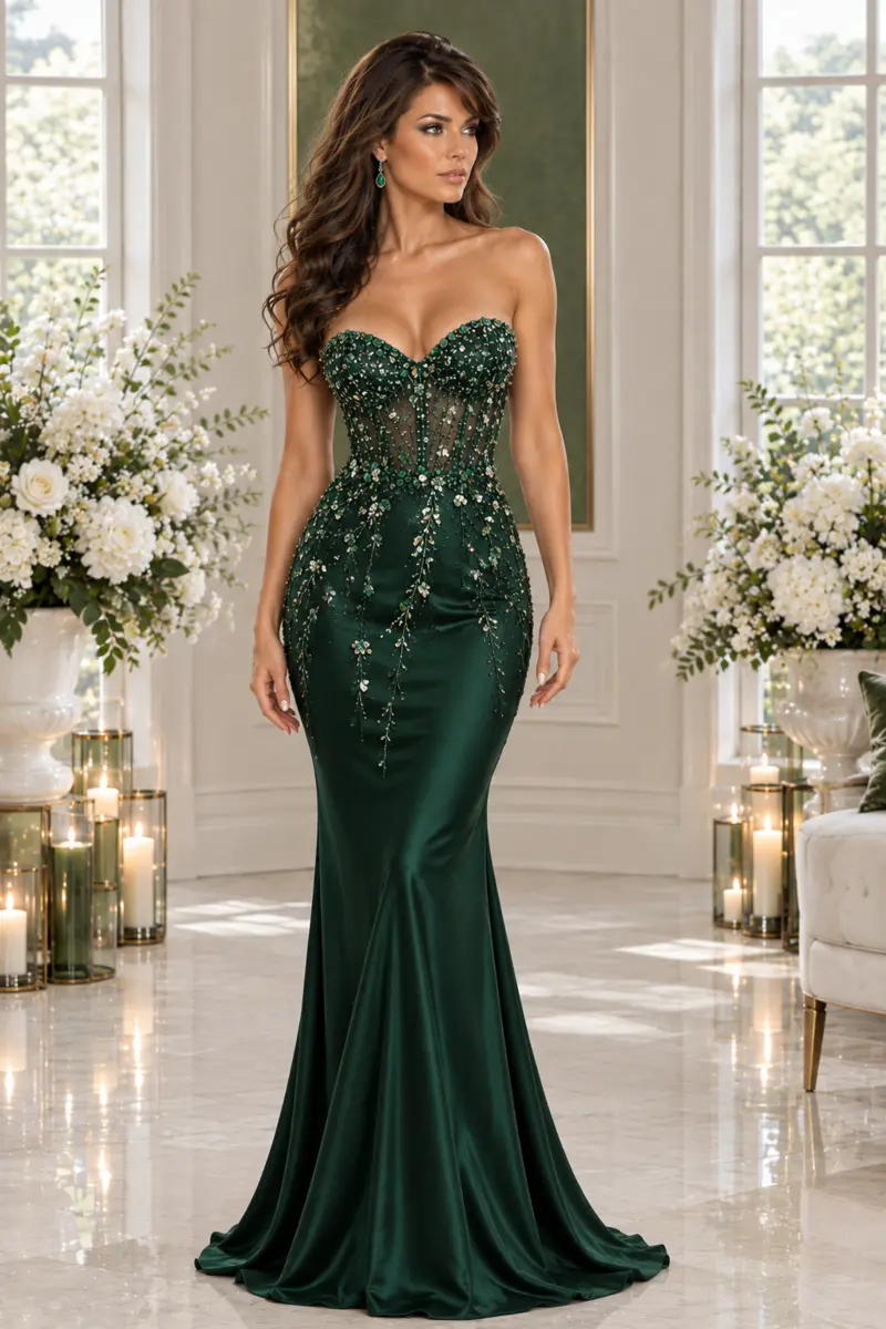 Émeraude Souveraine: Emerald crystal beadwork, sculpted mermaid gown, strapless sweetheart neckline, primary view — Josephine Boutique
