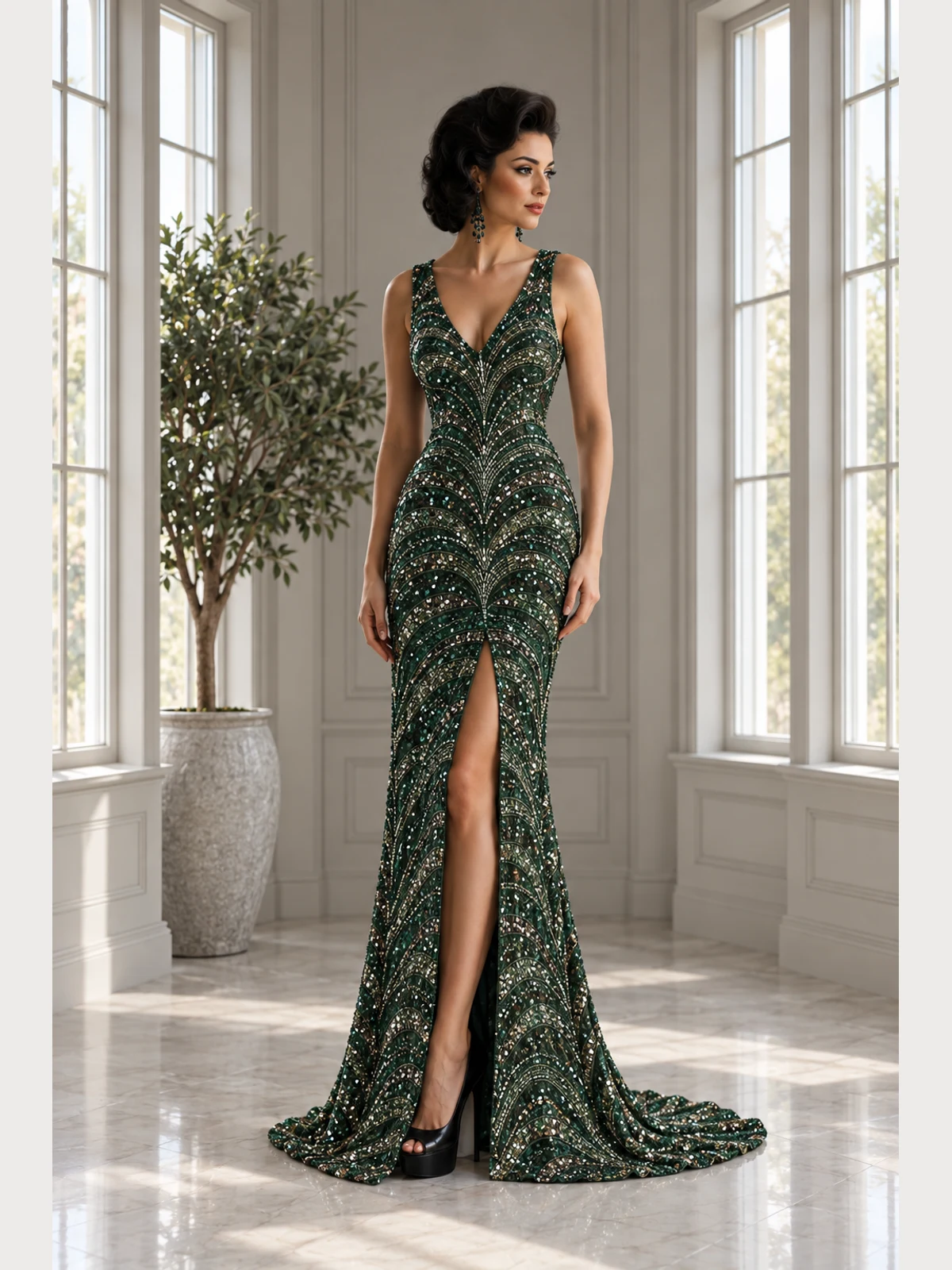 Forêt de Cristal: Forest-green crystal embroidery, fitted column gown, halter neckline, primary view — Josephine Boutique