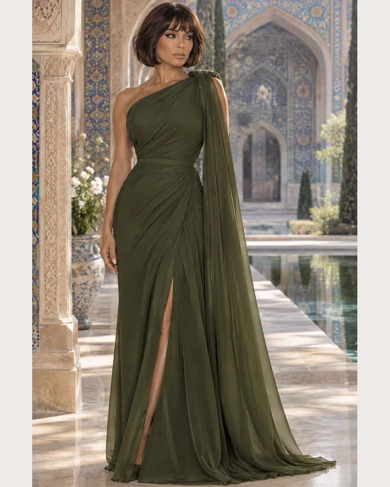 Forêt Drapée: Forest-olive satin, fluid column gown, asymmetric one-shoulder neckline, primary view — Josephine Boutique