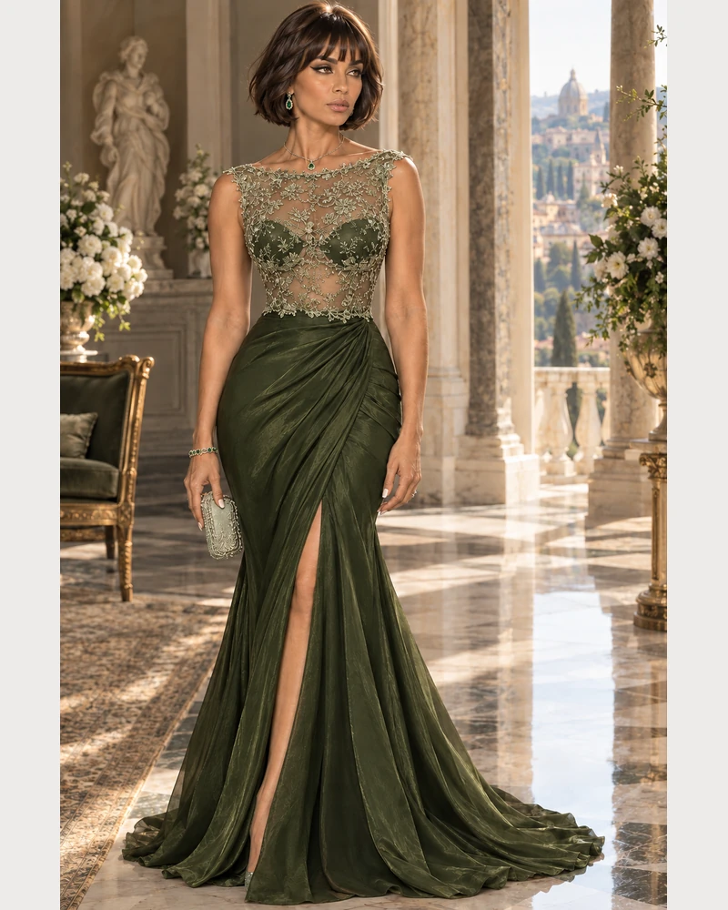 Forêt Florale: Olive satin and floral beadwork, mermaid gown, illusion jewel neckline, primary view — Josephine Boutique