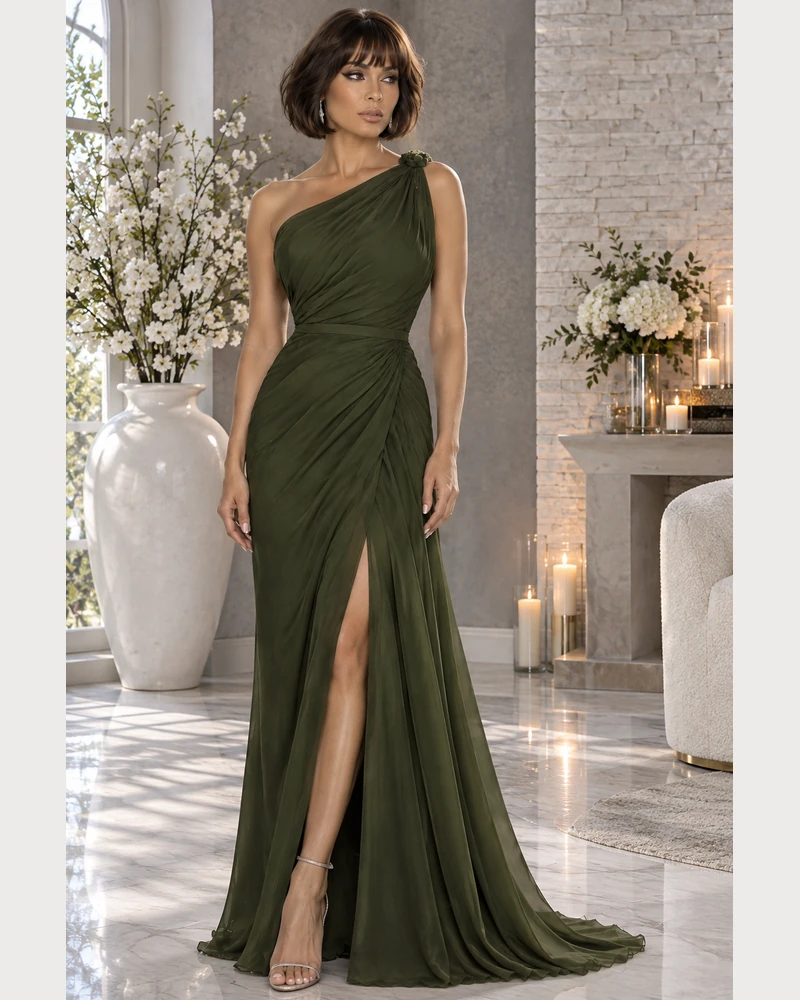 Forêt Souveraine: Forest-green satin, fluid column gown, asymmetric one-shoulder neckline, primary view — Josephine Boutique