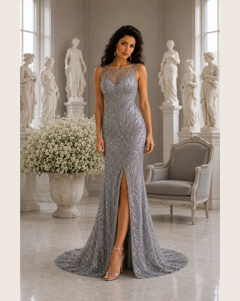 Galerie de Lune: Moonlit-silver beadwork, fluid mermaid gown, illusion sweetheart neckline, primary view — Josephine Boutique