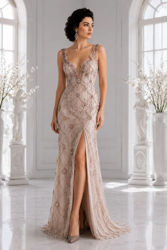 Genevieve Amour: silver mist evening gown, primary view — Josephine Boutique