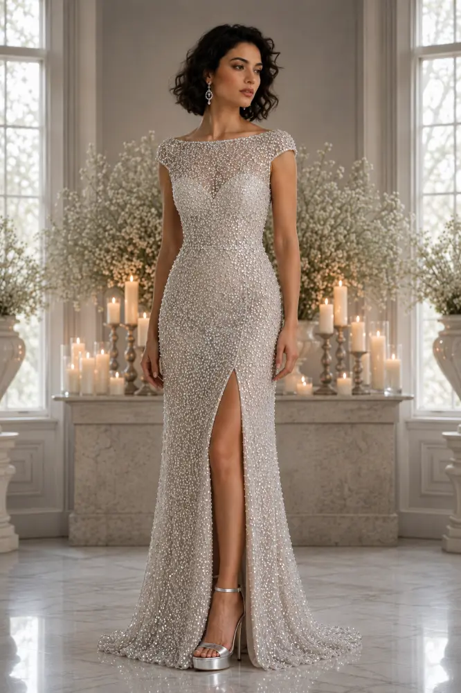 Genevieve Velours: champagne gold evening gown, primary view — Josephine Boutique