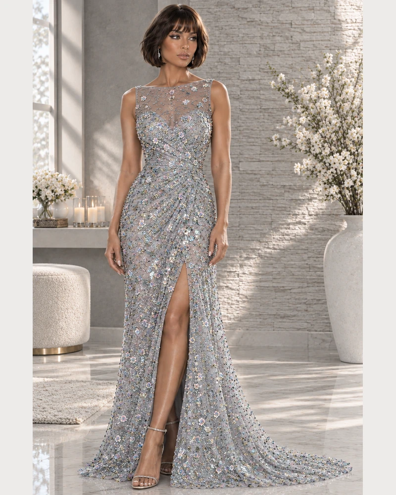 Givre de Perle: Pearl-silver crystal mesh, statuesque gown, illusion jewel neckline, primary view — Josephine Boutique