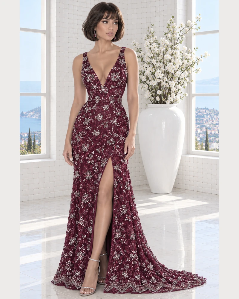 Grenat Floréal: Burgundy floral lace, fitted mermaid gown, plunging V-neckline, primary view — Josephine Boutique