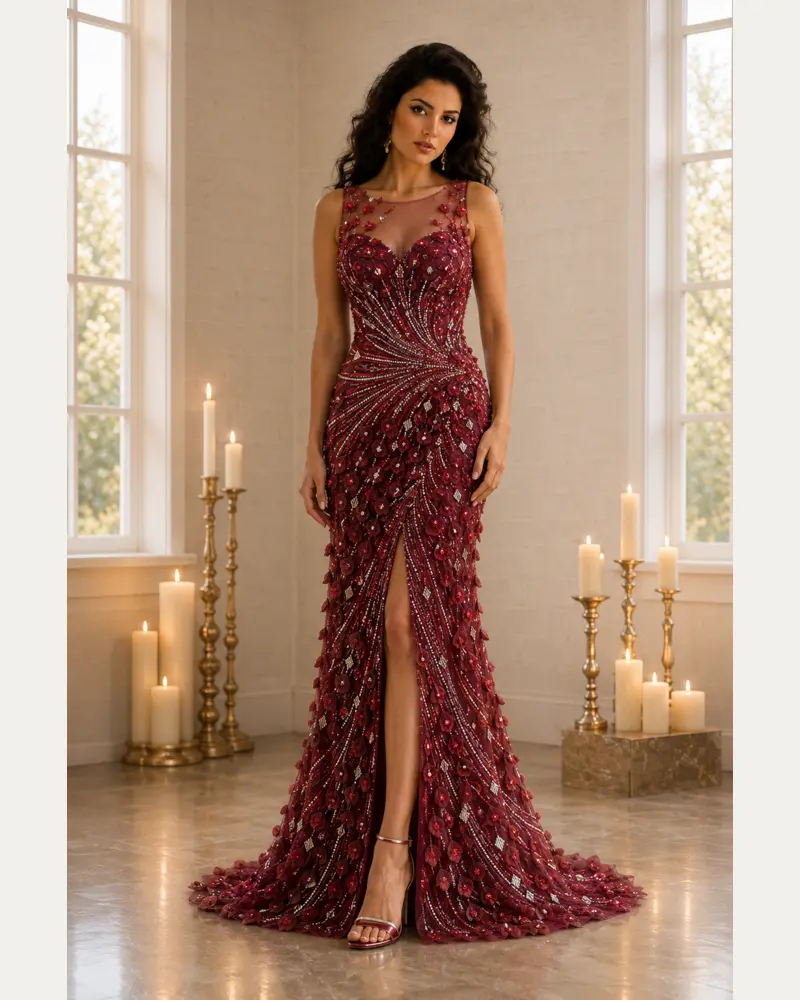 Grenat Passion: Garnet sequins, sculpted mermaid gown, V-neckline, primary view — Josephine Boutique