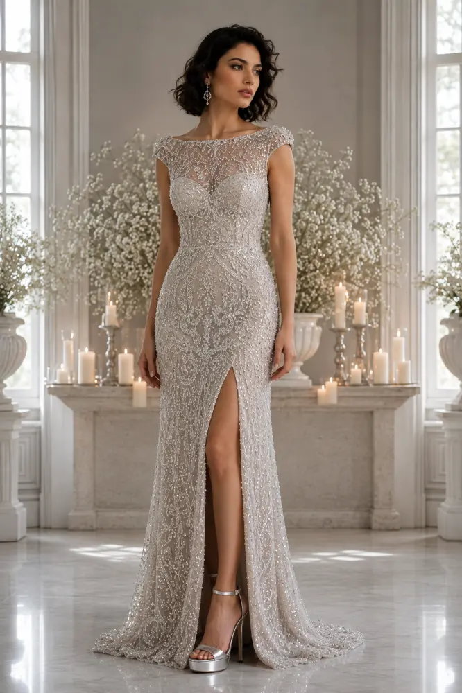Isadora Amour: silver mist evening gown, primary view — Josephine Boutique